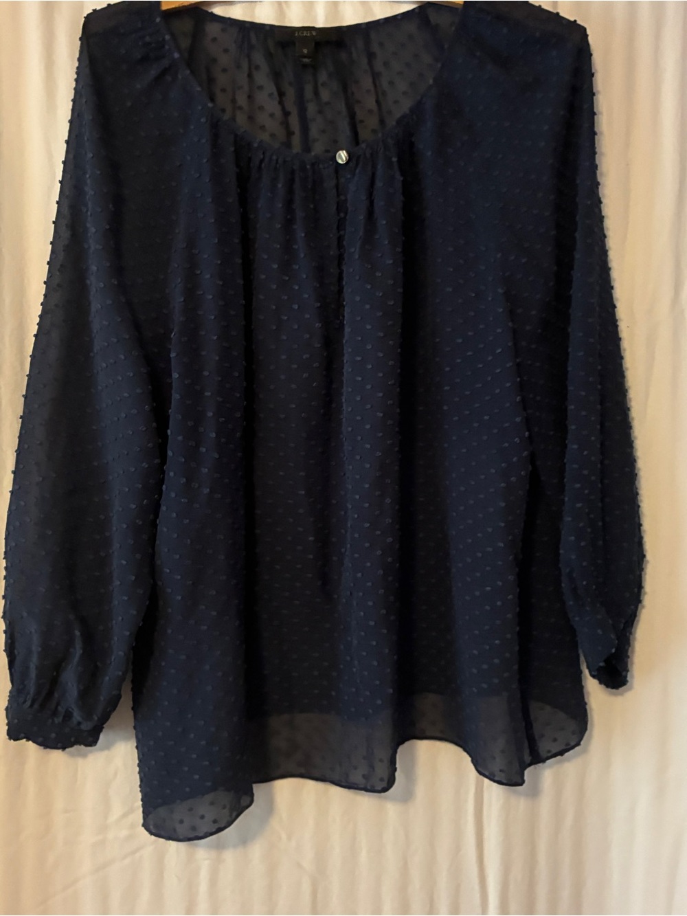 J CREW Navy Dotted Silk Sheer Peasant Blouse